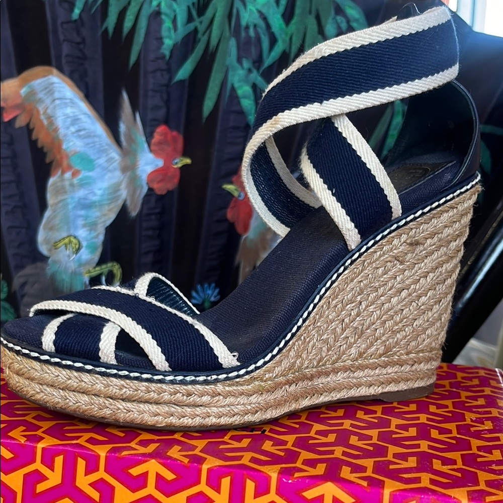 Navy and Cream Wedge Sandals